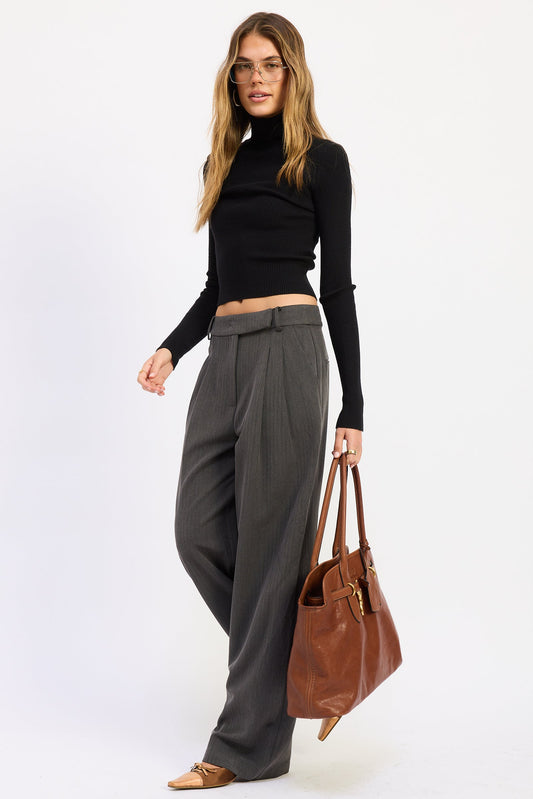 Charcoal wide-leg pants with pleated waist and long straight legs