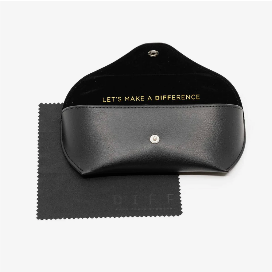 Black glasses case with snap closure and matching cleaning cloth