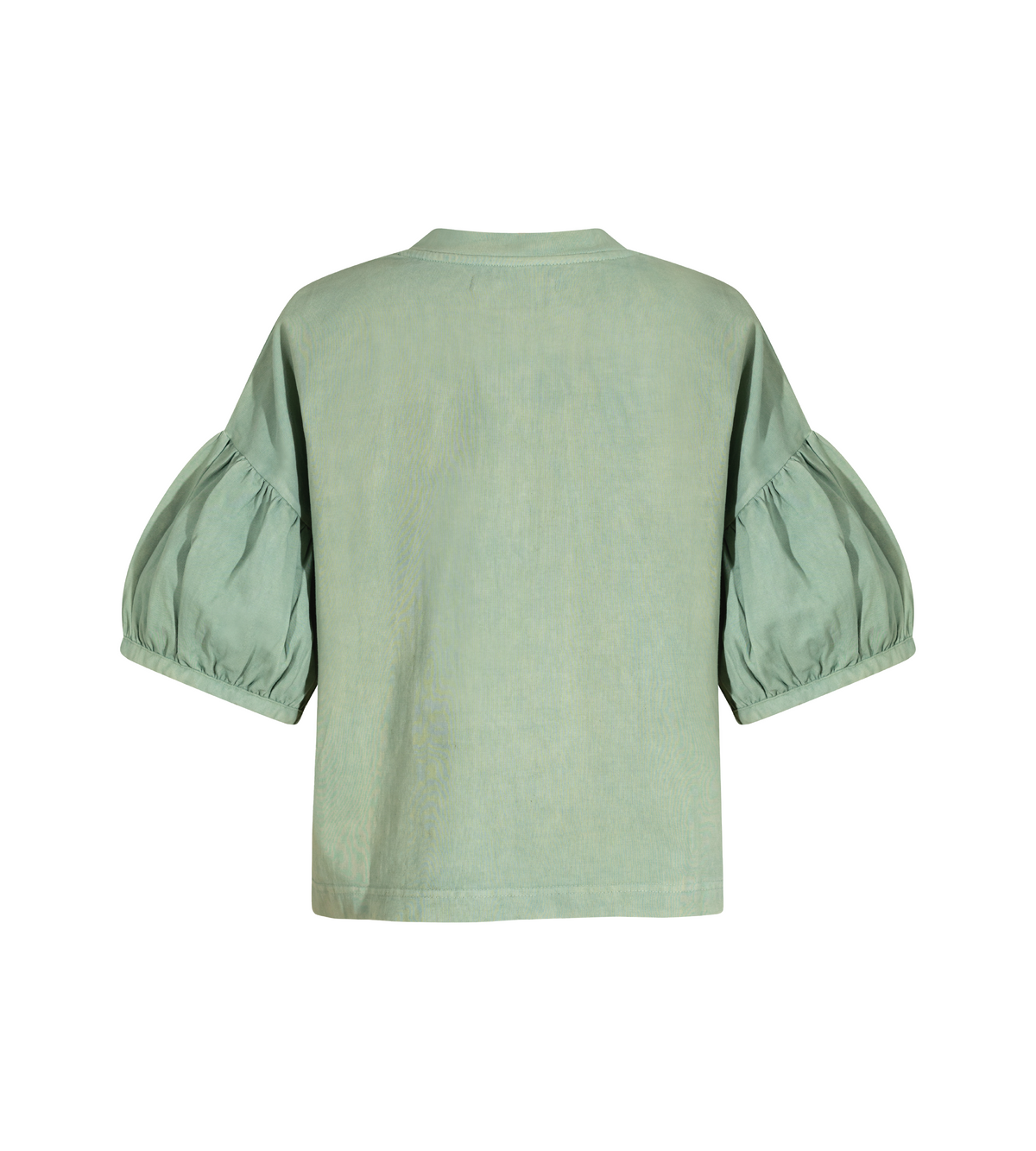 Back view of a sage green tee with gathered puff sleeves and a straight hem