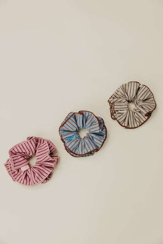 Pink and maroon striped corset-style scrunchie with gathered center