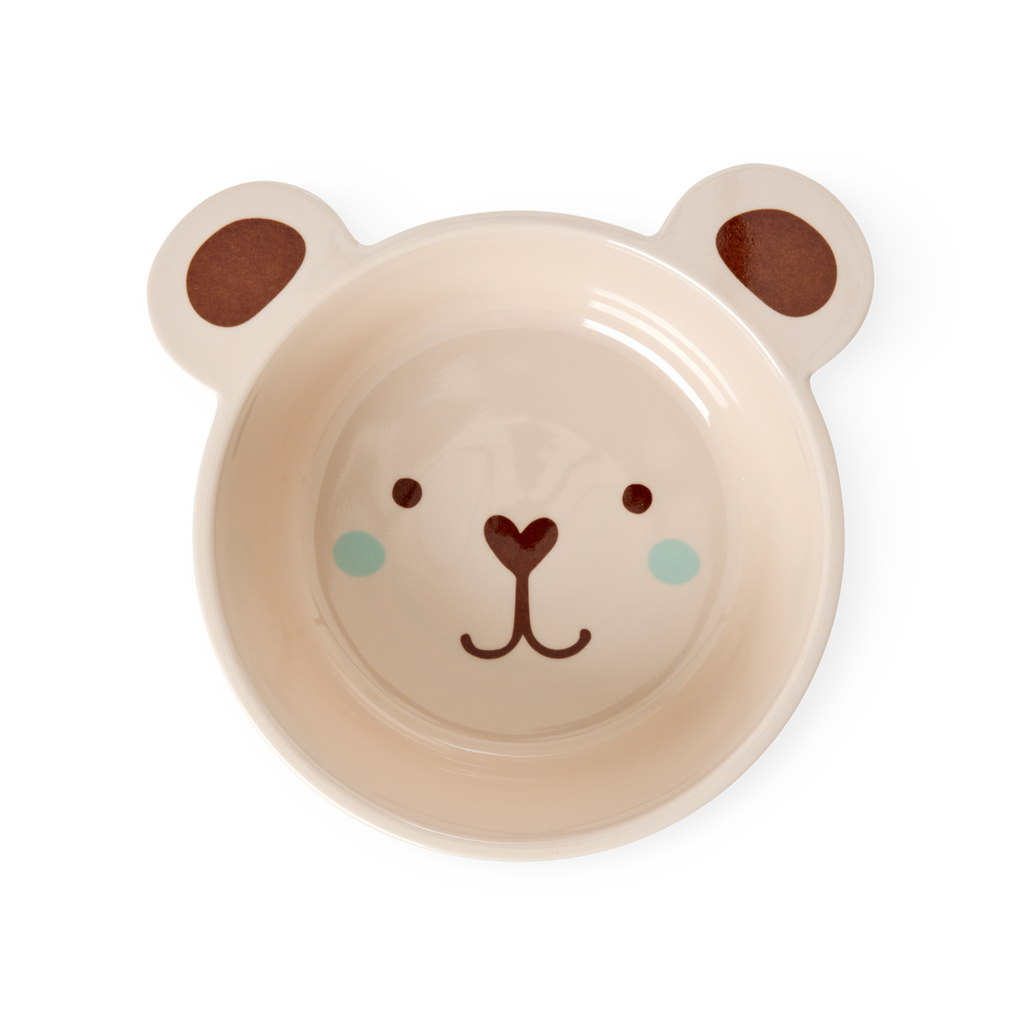 Kids melamine bowl with bear-face print, cream color, ear-shaped rim