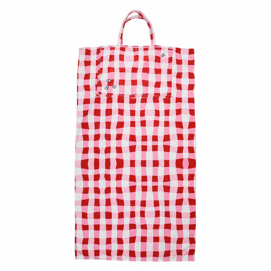 Red and pink gingham towel tote bag folded flat with top handle