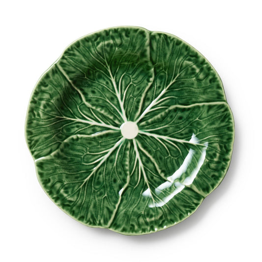 Single round green cabbage salad plate with white leaf-vein pattern and center bud