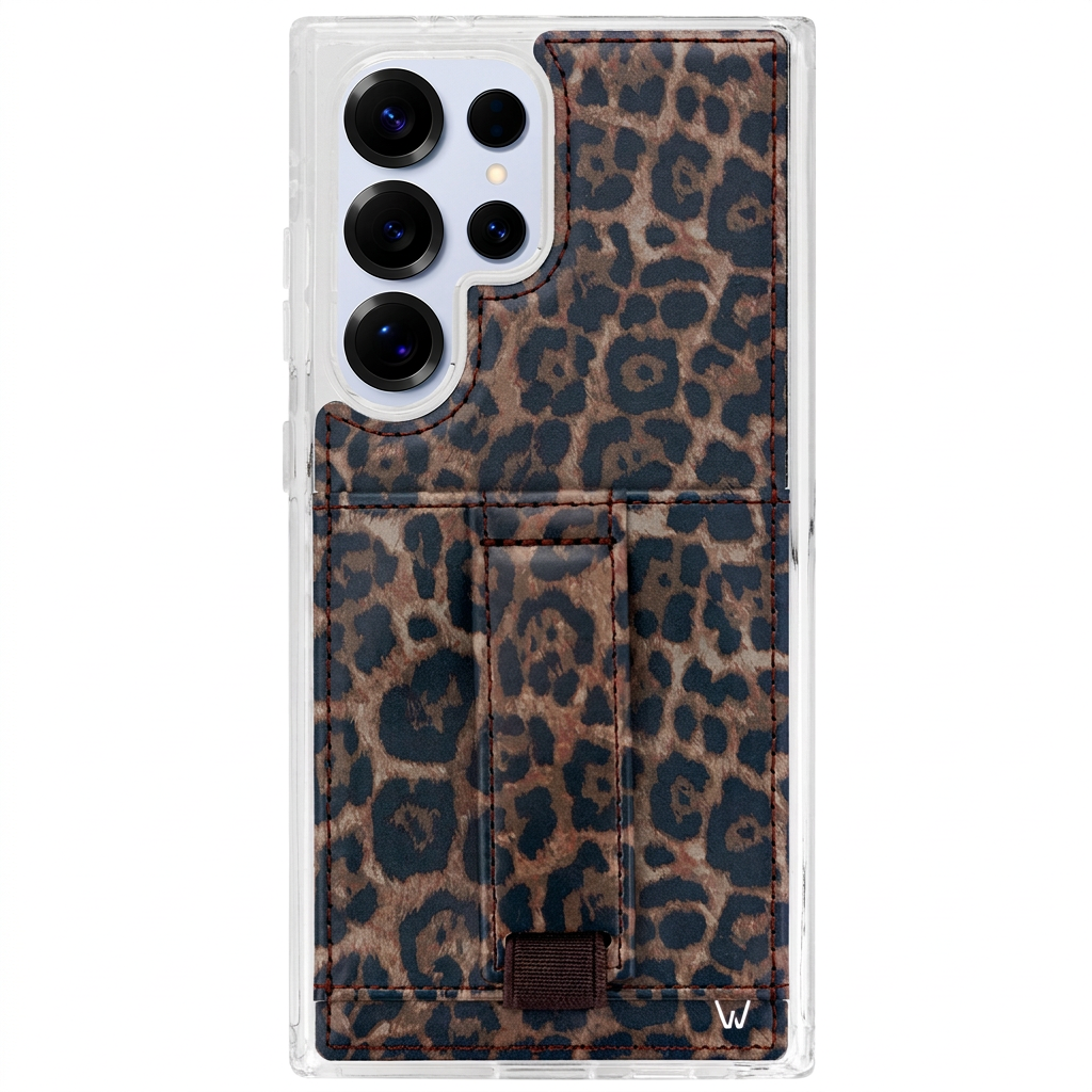 Leopard print phone case with wallet-style flip cover and camera cutouts