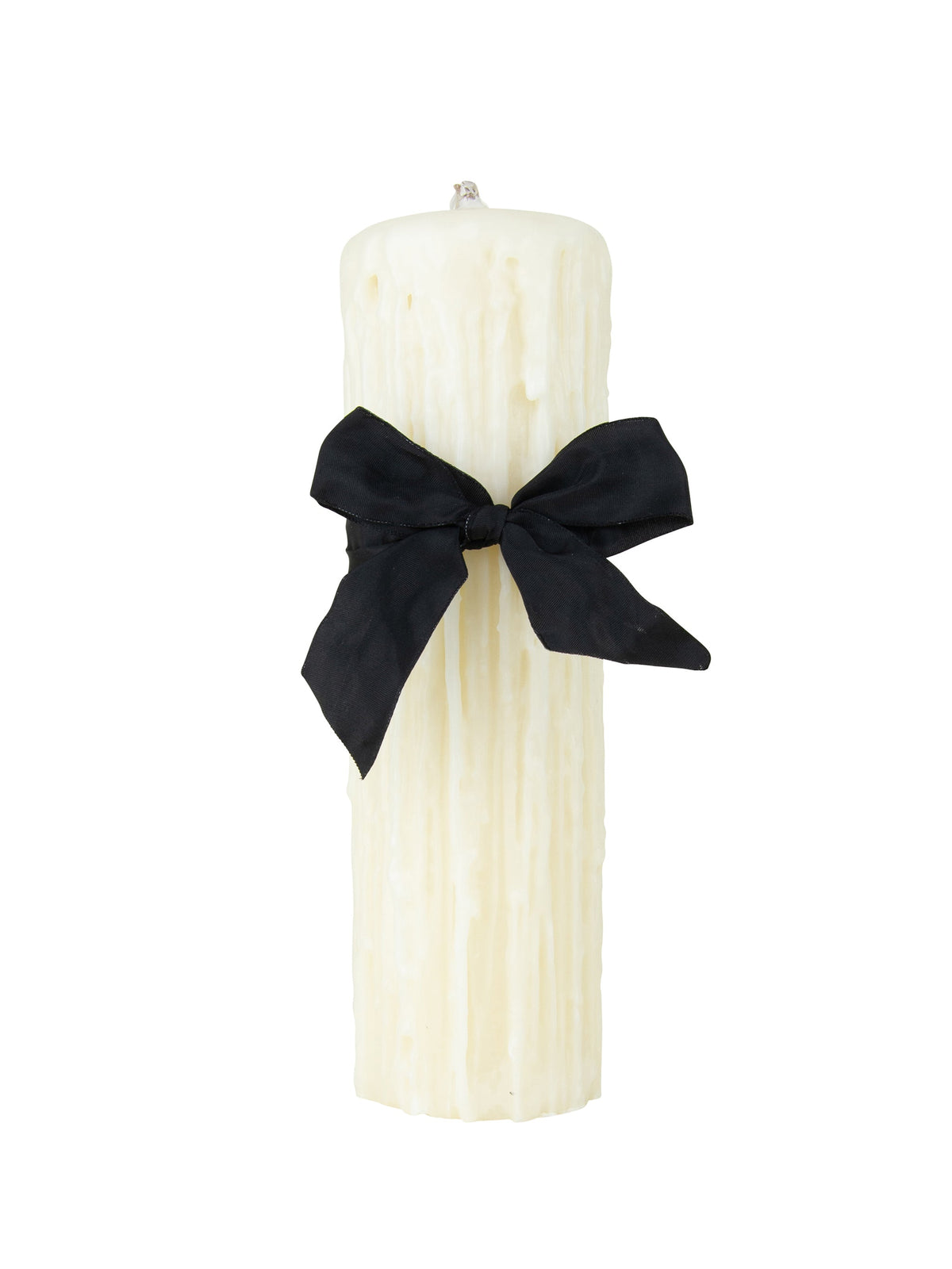 Beeswax drip pillar candle, ivory color, tied with black ribbon bow