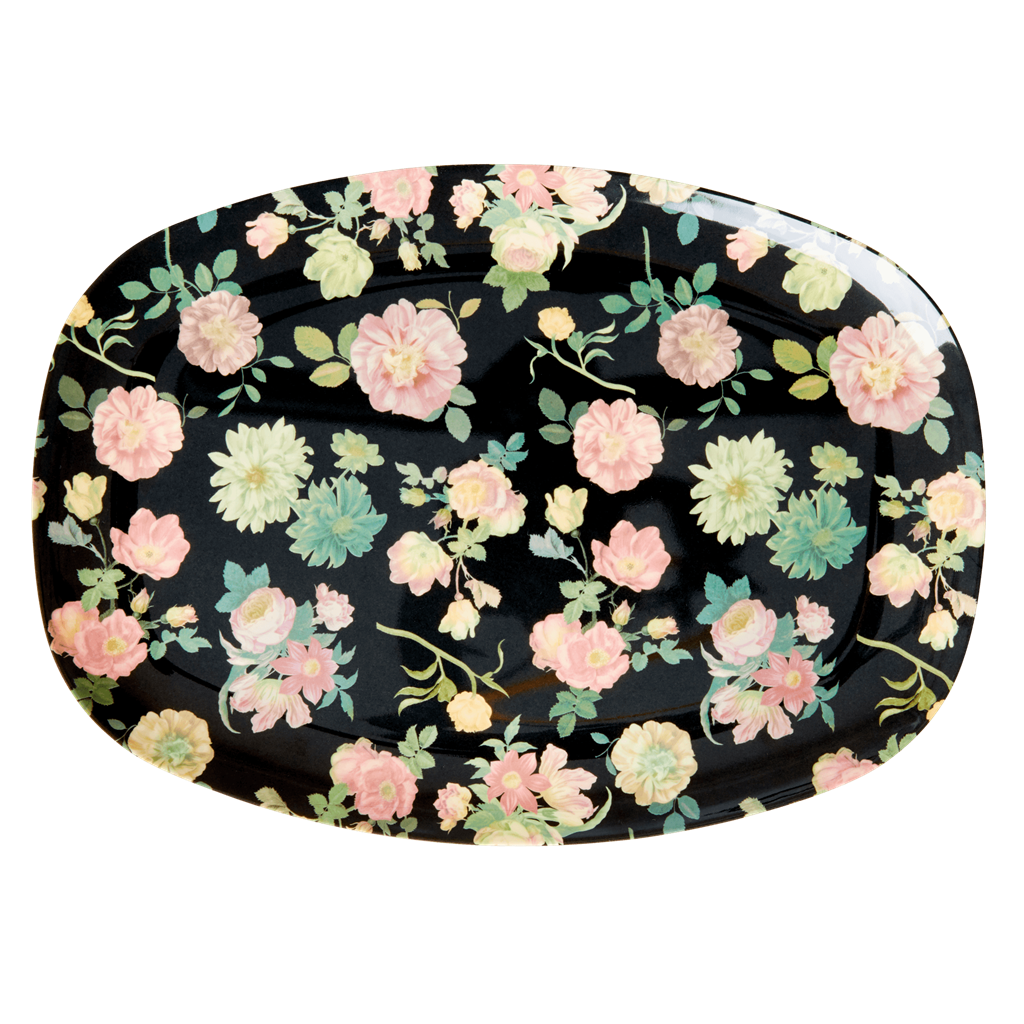 Rectangular melamine plate with dark floral rose print