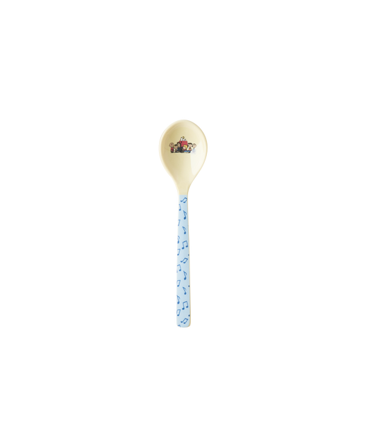 Single melamine teaspoon with Snoopy face on cream head and blue patterned handle