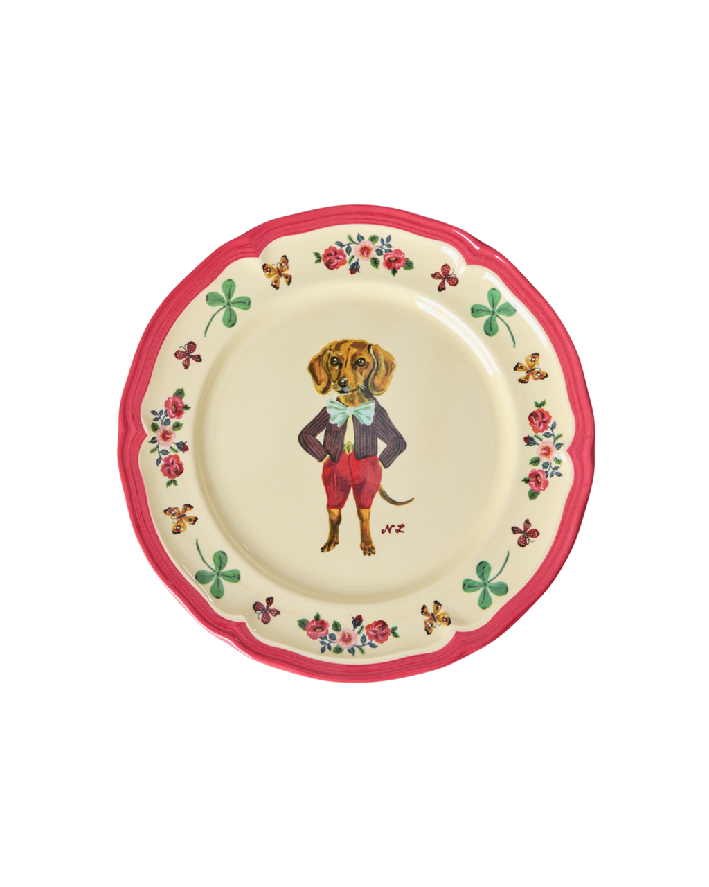 Melamine side plate, cream center with red rim, dog illustration and floral border