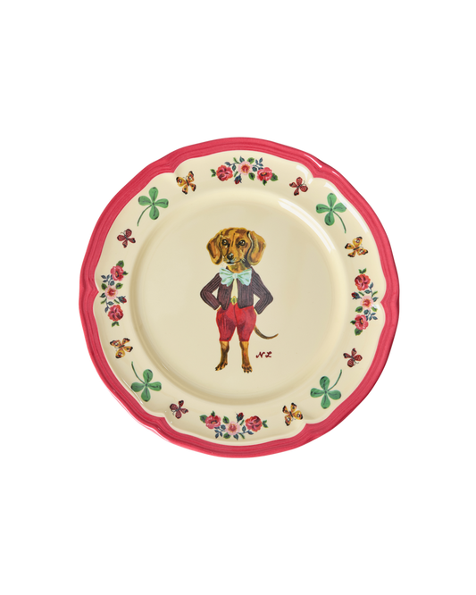 Melamine side plate, cream center with red rim, dog illustration and floral border