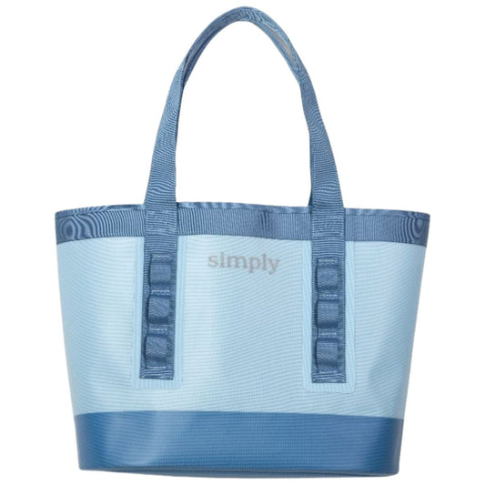 Light blue tote bag with 'simply' logo and reinforced side handle straps.