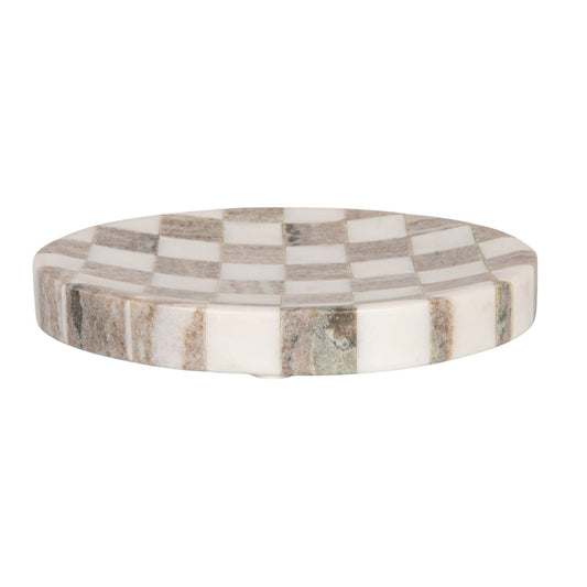 Low-profile round marble serving board with a gray and white checkerboard pattern