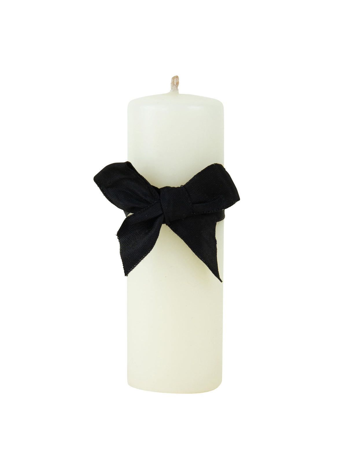 Ivory pillar candle with black bow ribbon around middle, smooth wax cylinder