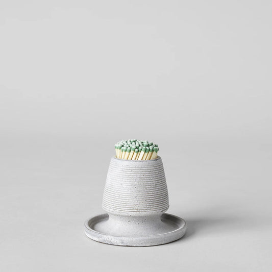 Stoneware match holder with tray, light gray finish, with green-tipped match sticks