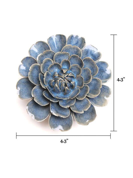 Blue ceramic rose wall decor, 4.3 in wide, layered petal rosette
