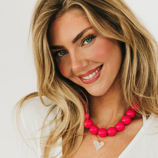 Mindi multipurpose bag charm necklace with hot pink round beads and heart charm