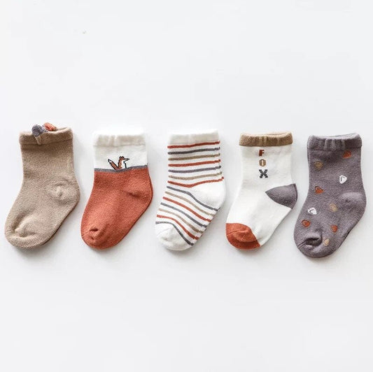 Toddler 5-pack fox socks: beige, rust orange, white stripes, and gray pairs
