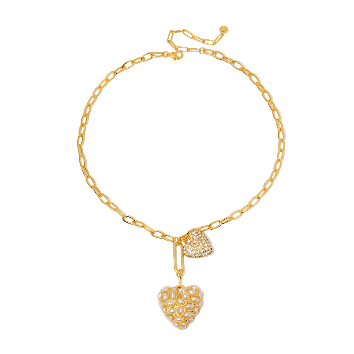 Gold heart pendant necklace with two dangling pearl-like heart charms and chain