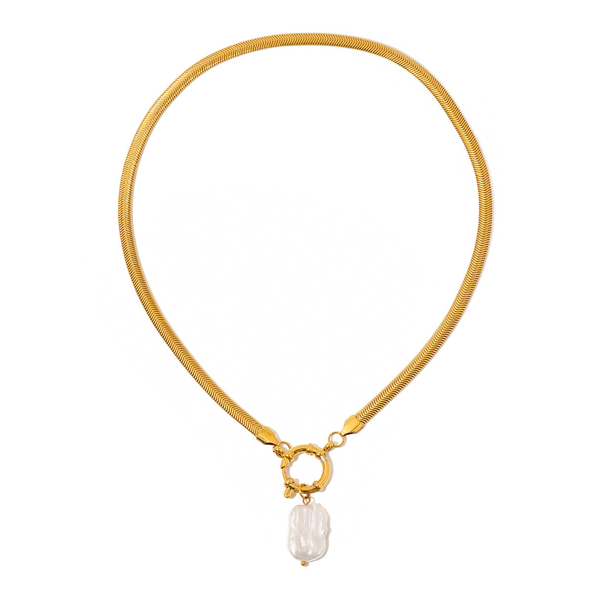 Gold-tone chain necklace with mother-of-pearl teardrop pendant and ring clasp