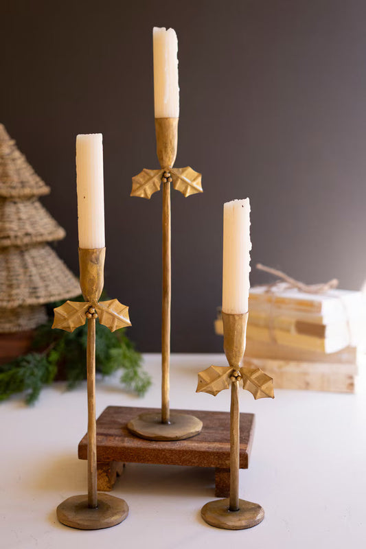 Antique gold forged iron taper candle holder stand, three holders with star/holly tops