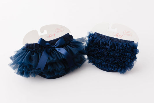Navy blue ruffle tutu bloomers, elastic waist, layered tulle sides view