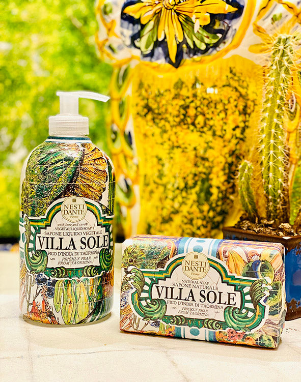 Liquid soap bottle and rectangular soap bar with matching illustrated labels