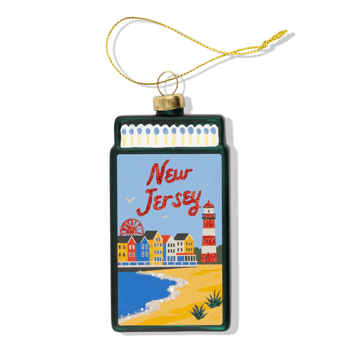 Dark green matchbook ornament with New Jersey beach and skyline illustration