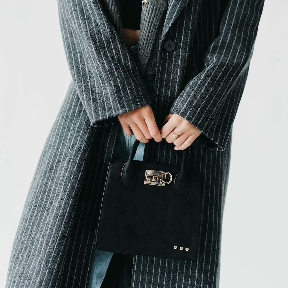 Small nubuck tote bag, black with front buckle clasp, flap pocket and studs