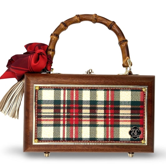 Nutcracker-themed wooden handbag with plaid print panel, bamboo handle, red tassel bow