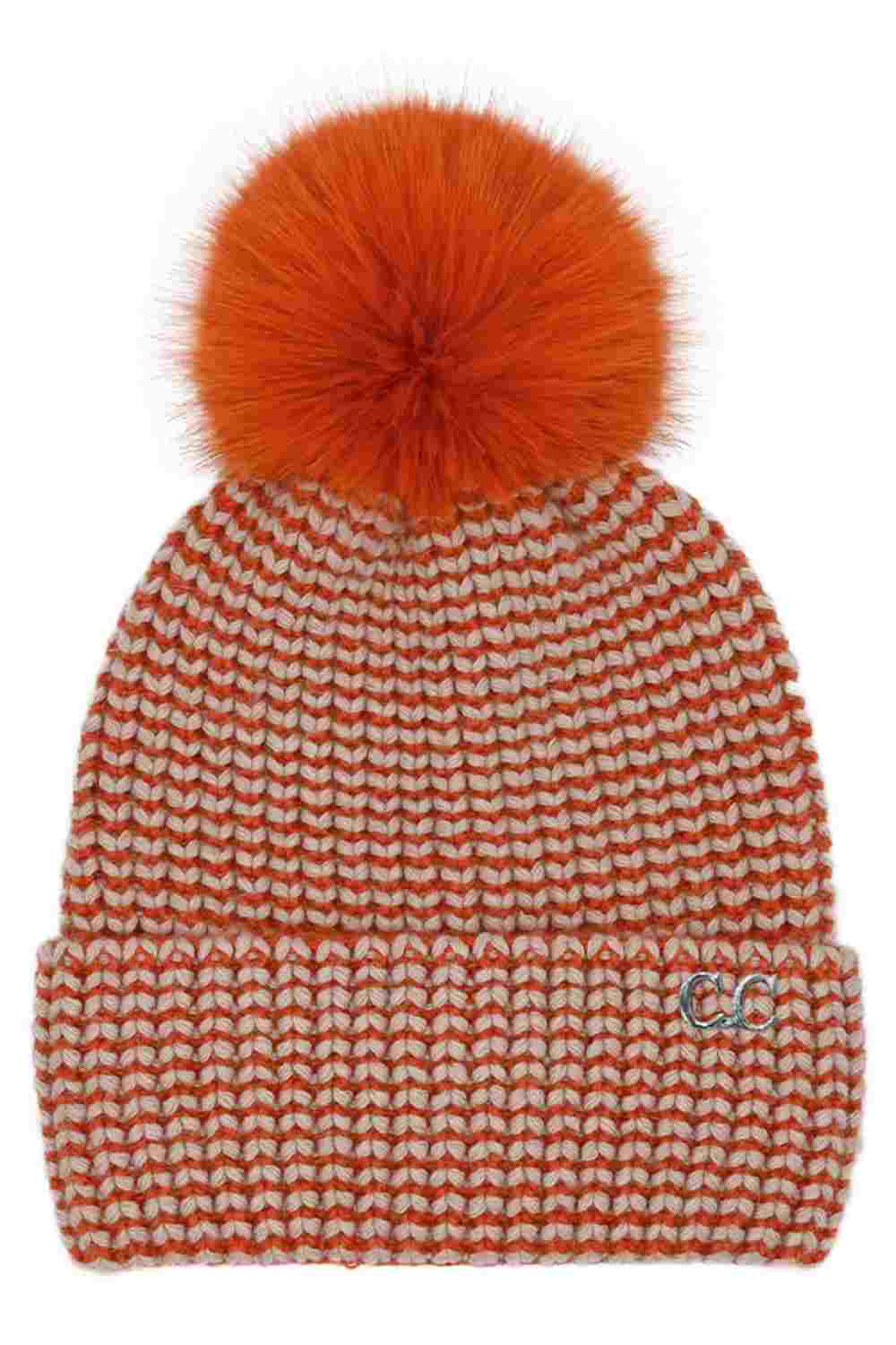Two-tone orange knit beanie with faux fur pom-pom and C.C logo patch