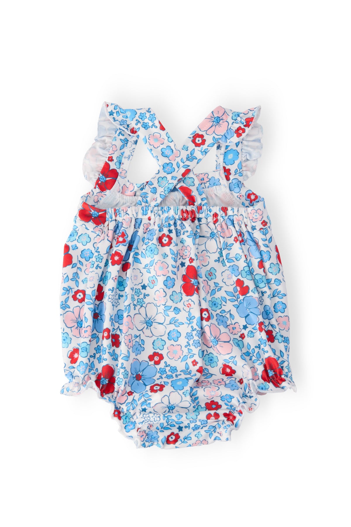 Blue floral ruffle cross-back romper with red details and shoulder ruffles