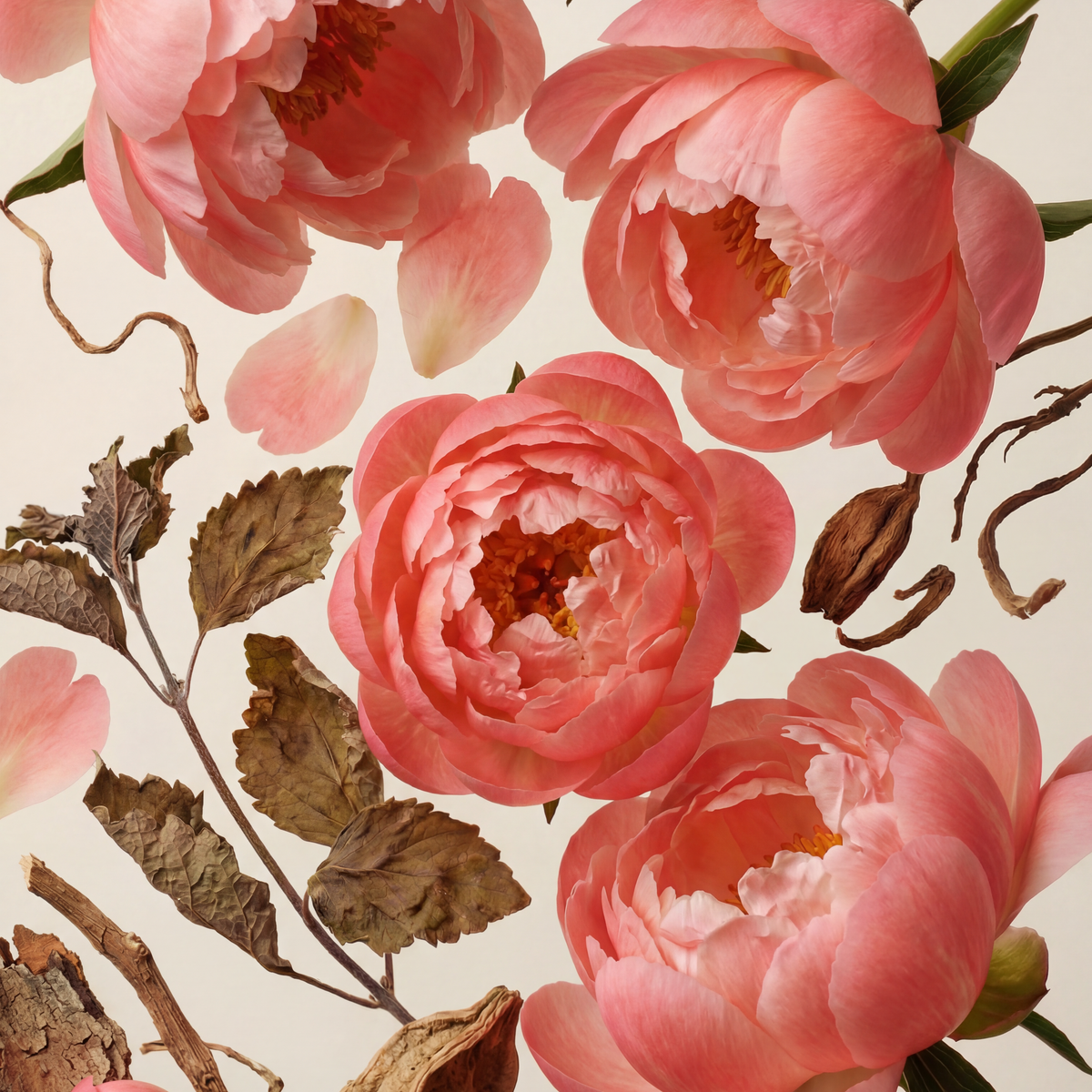 Pink peony blossoms with brown dried leaves floral collage