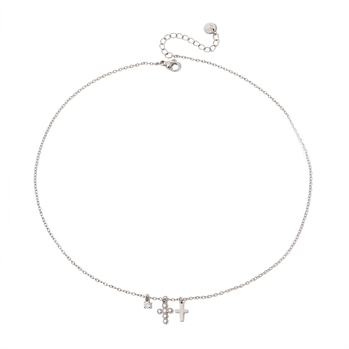 Petite double cross necklace, silver-tone chain with two cross charms and crystal accents