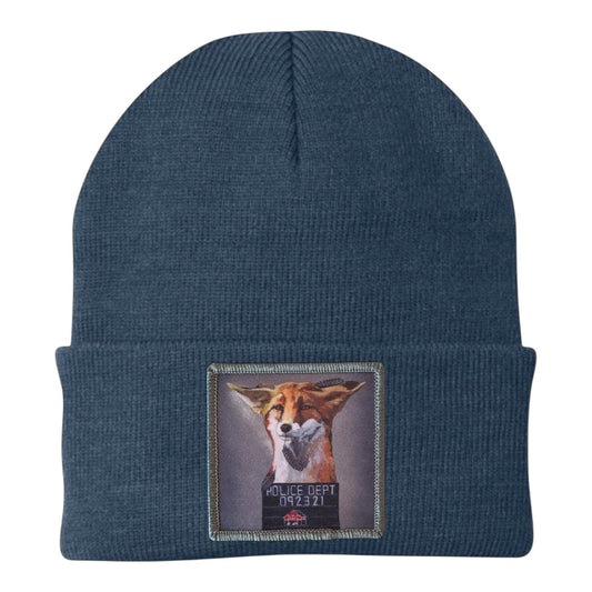 Navy knit fox beanie with front rectangular embroidered patch