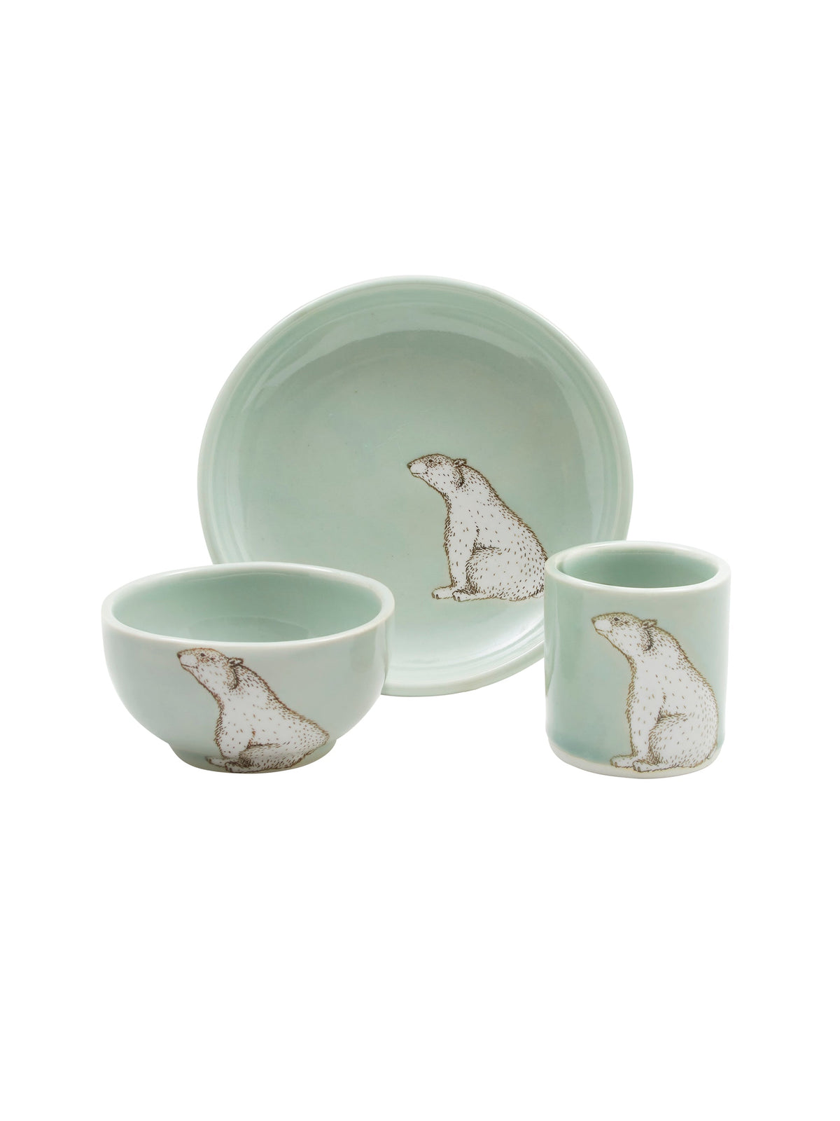 Mint ceramic dish set with polar bear design: plate and two bowls