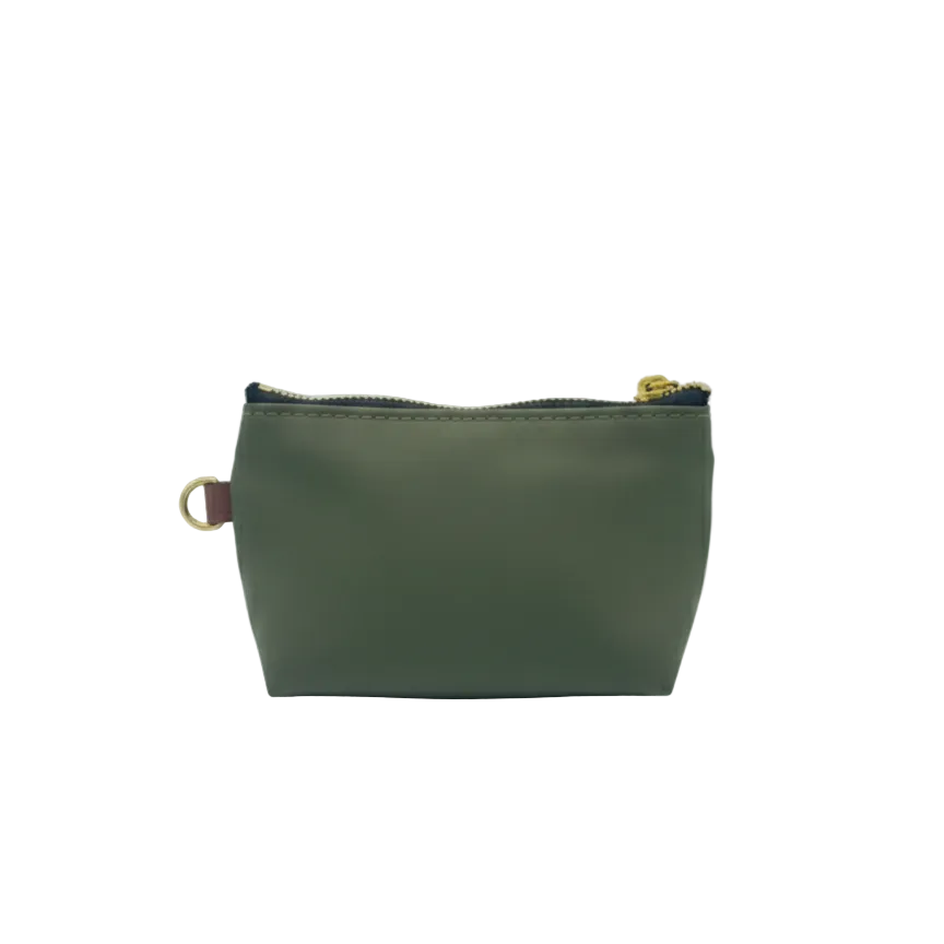 Lucy mini zipper pouch in fatigue green with gold zipper and side loop, flat view