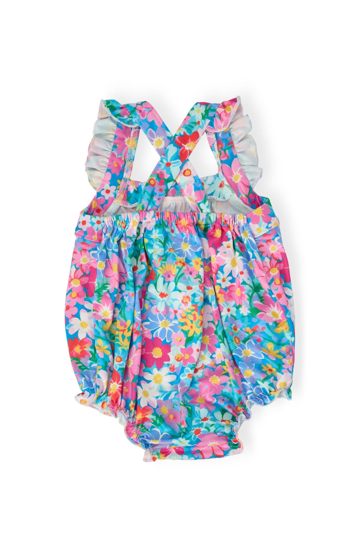 Floral ruffle cross-back romper with puff sleeves and multicolor print, back view