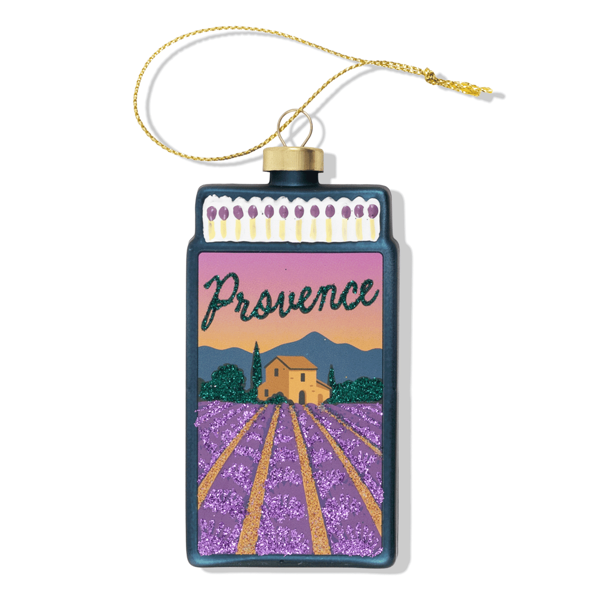 Matchbook-style Provence ornament with lavender field and house scene, hanging loop
