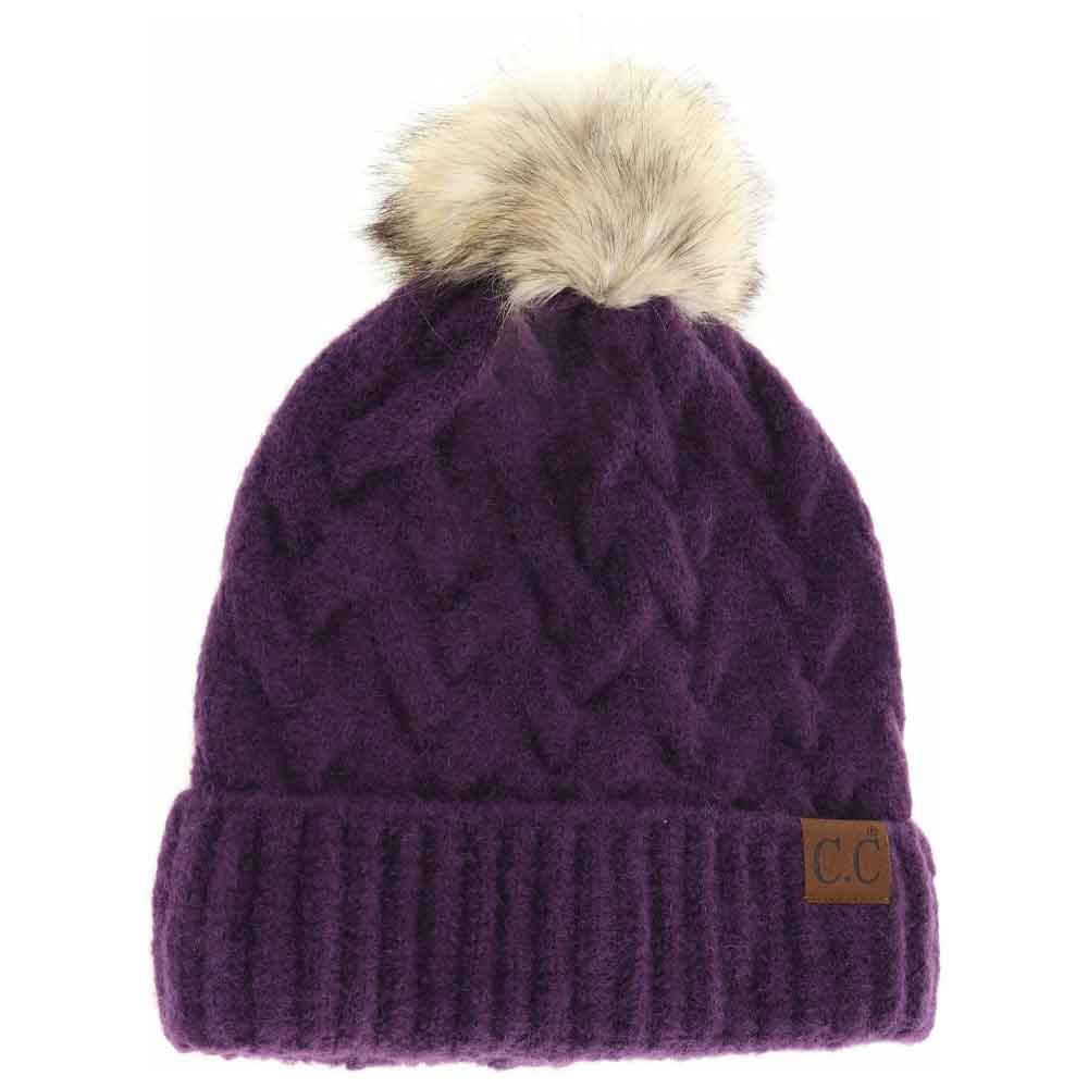 Chunky cable knit beanie with faux fur pom-pom, purple, ribbed cuff and C.C. patch