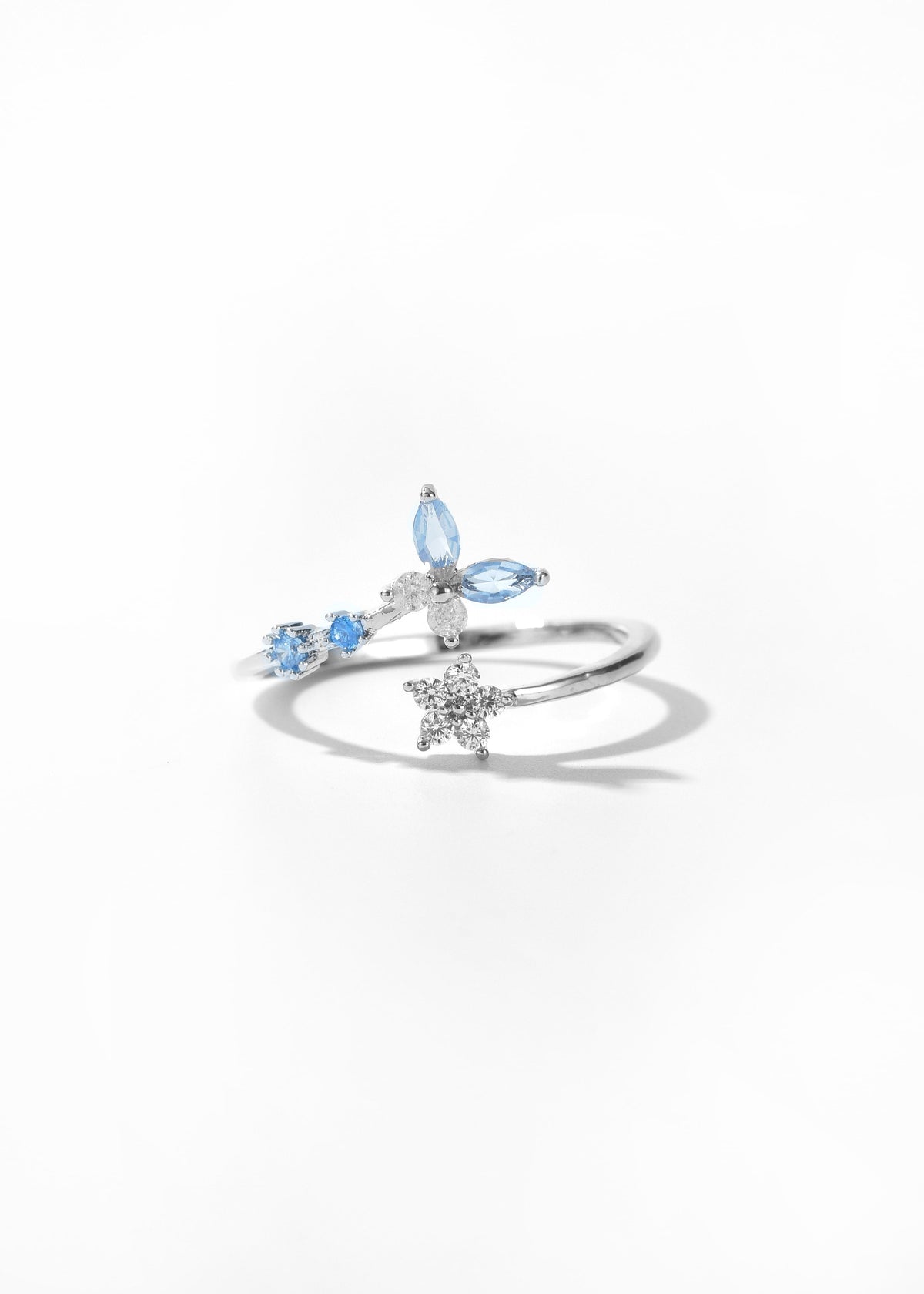 Vintage Heart Ring in silver with blue marquise stones and small floral charms