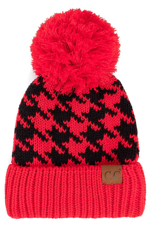 C.C houndstooth knit beanie with pom, red and black zigzag pattern