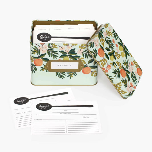 Floral recipe tin open with lid and recipe cards; front label marked RECIPES