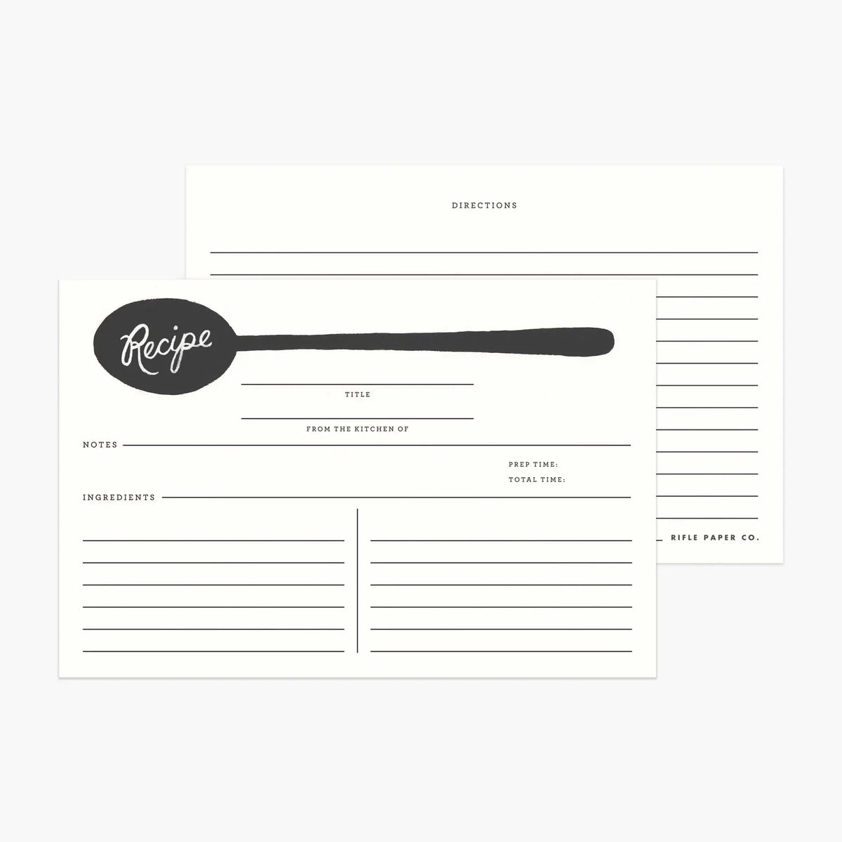 Recipe cards with black Recipe stamp and lined recipe form for ingredients and steps