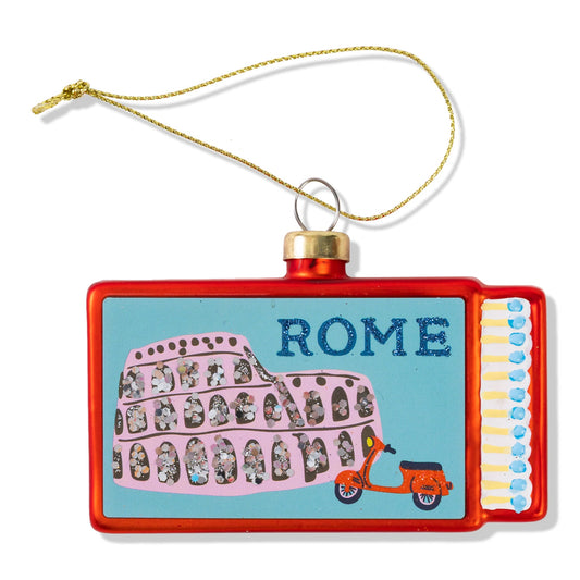 Rome matchbook-shaped ornament with red border and blue accordion side