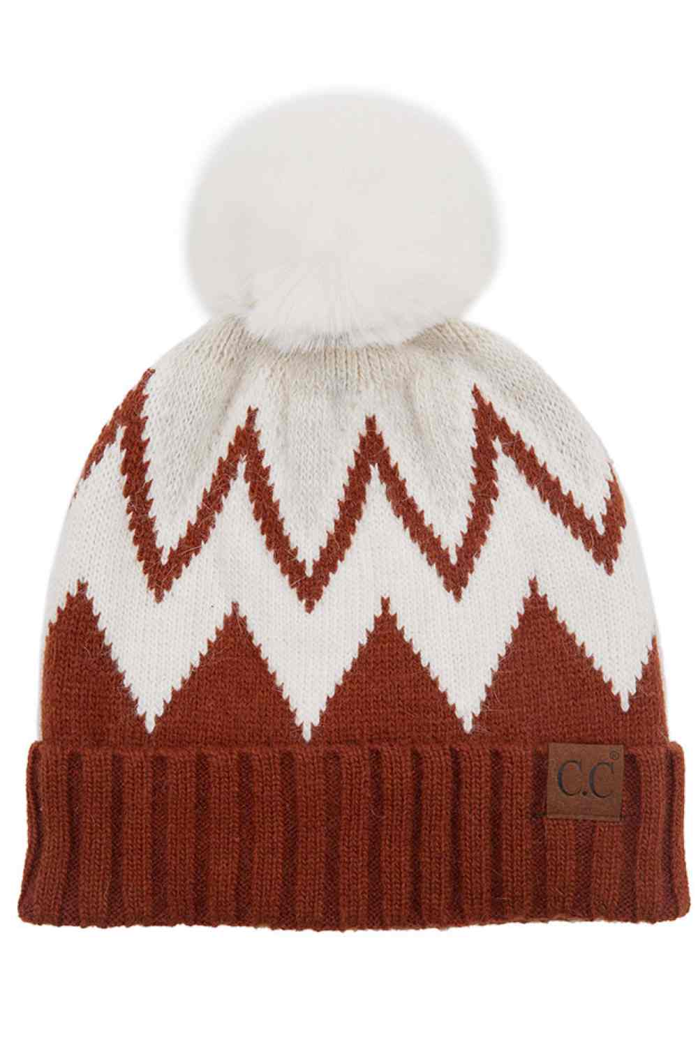 C.C chevron knit beanie with pom, rust zigzag on cream, ribbed rust cuff, CC patch