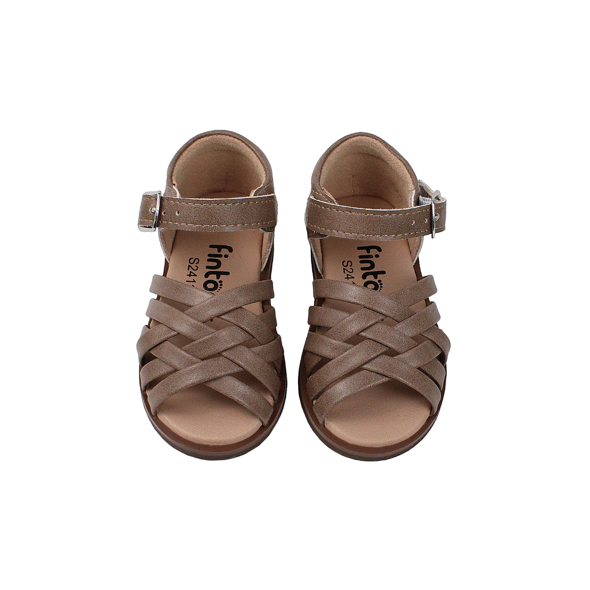 Dark taupe leather sandals with ankle buckle and braided straps, front view