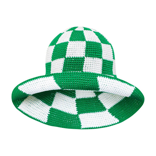 Green and white checkered crochet bucket hat, wide brim