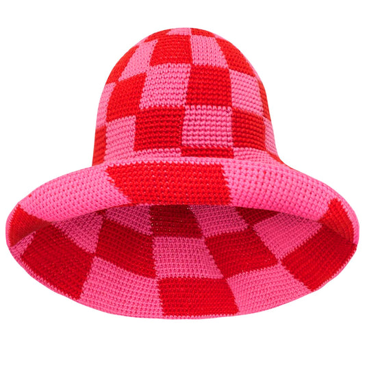 Red and pink checkered crochet bucket hat with wide brim