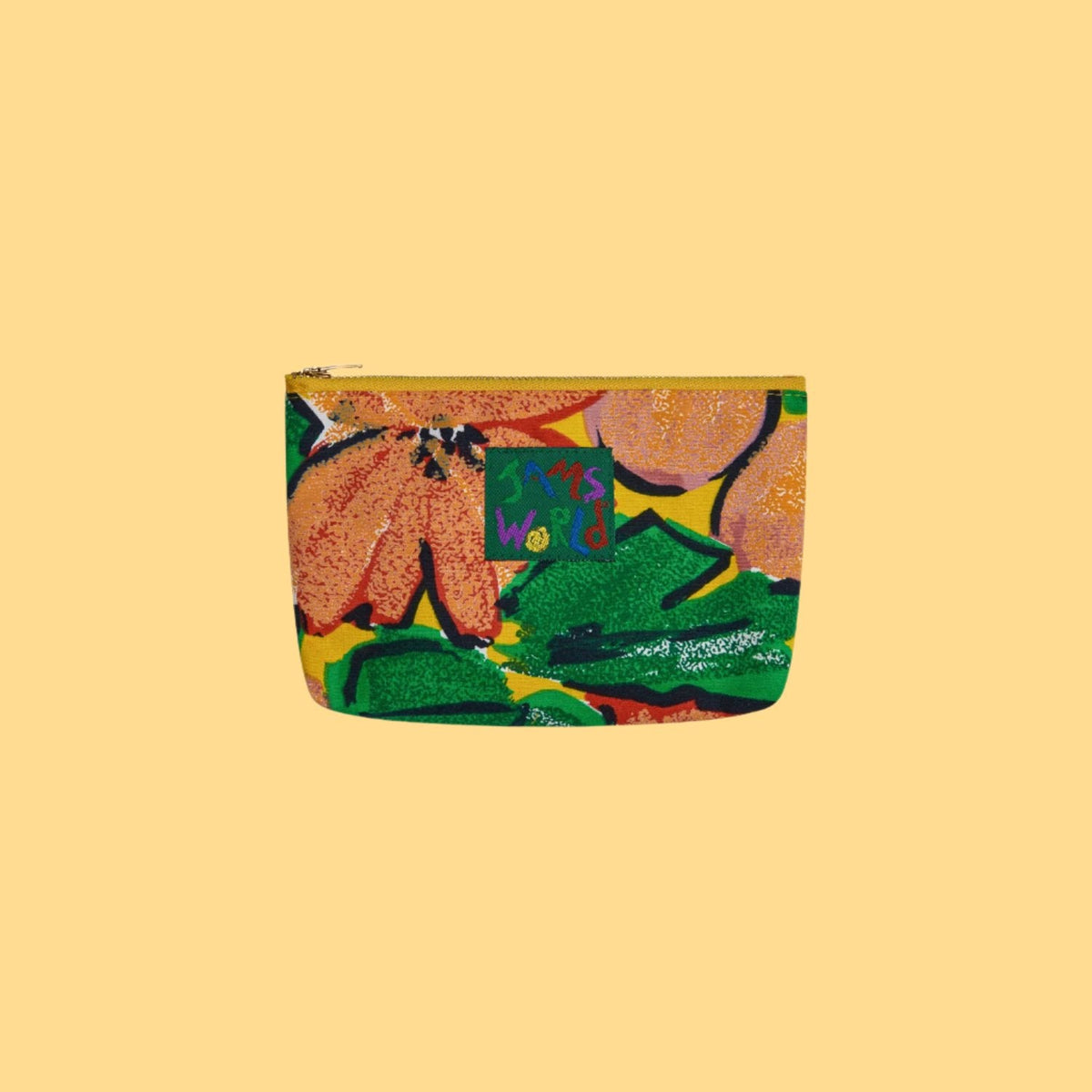 Lined zip pouch with bold yellow floral leaf print and top zipper closure