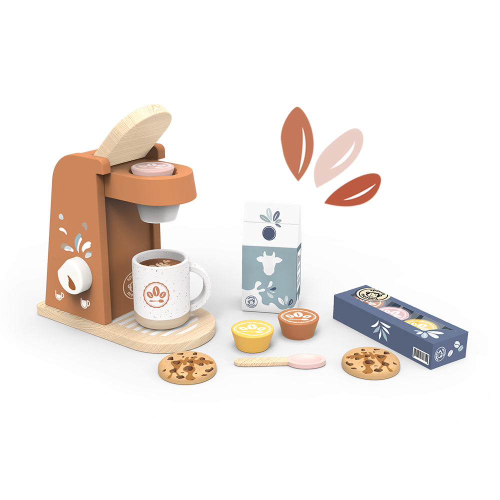 Coffee machine toy with cup, lids, and pretend coffee pods