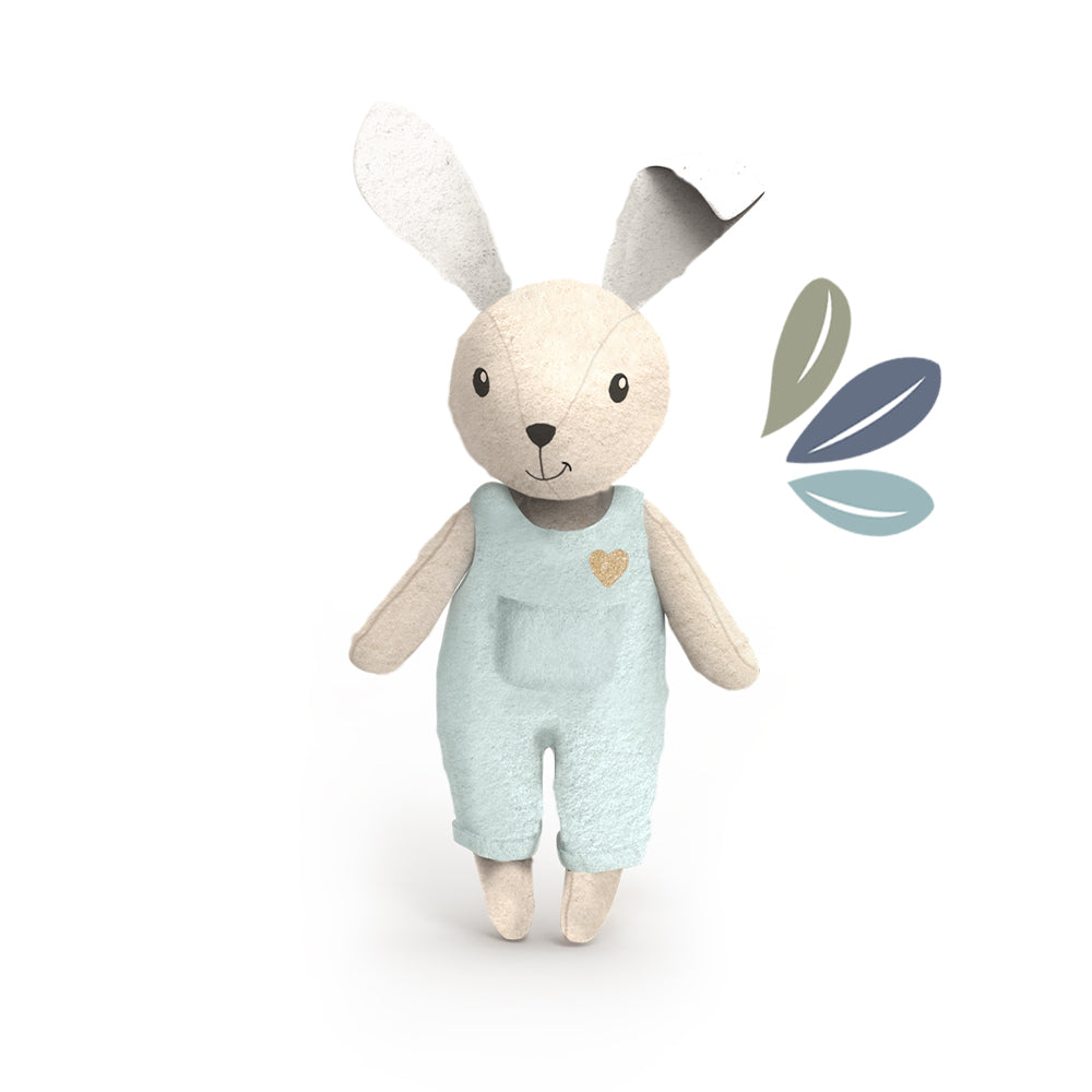 Rabbit plush doll in light blue romper with tan collar badge